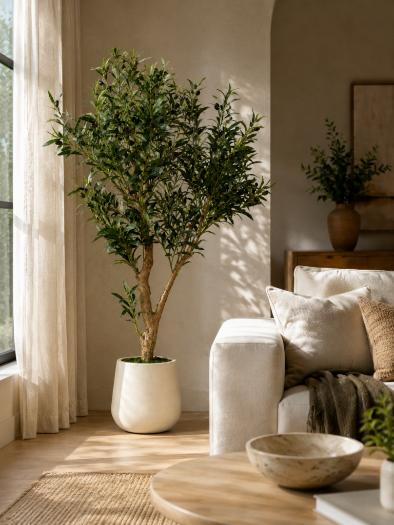 Faux Olive Tree Styling Ideas for Modern Living Rooms