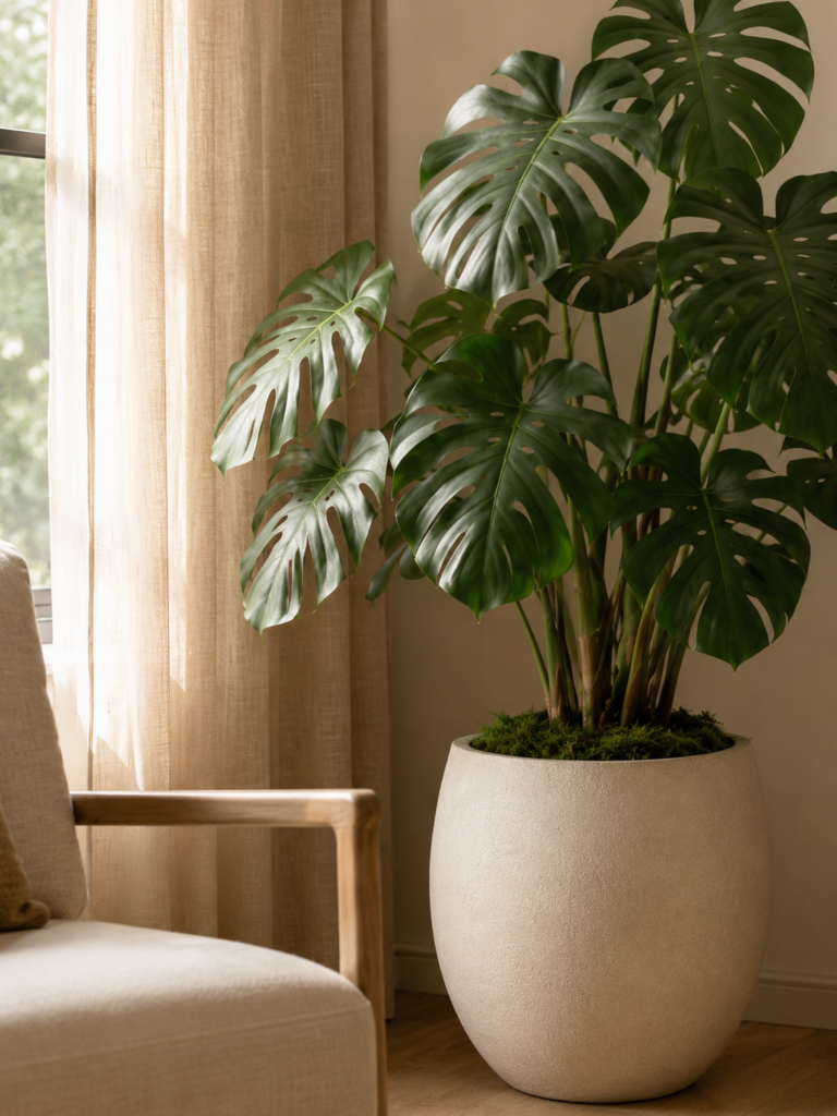 Close view of a faux monstera plant in a white planter beside a cream lounge chair and window.