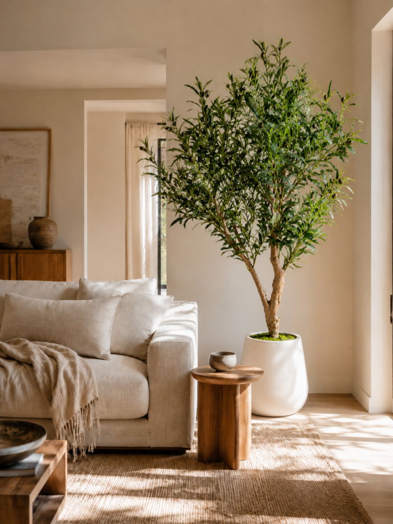Premium faux olive tree next to a modern sofa and wooden side stool in a bright minimalist living room.