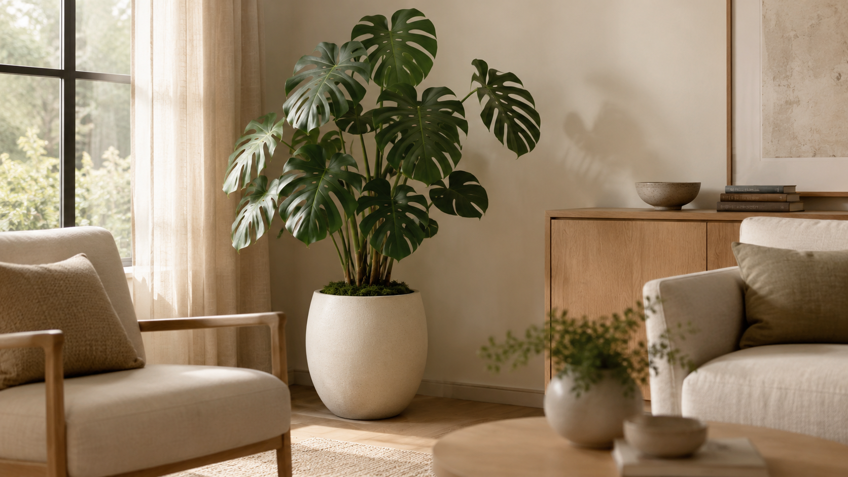 Faux monstera plant in a soft contemporary living room corner with cream seating and pale wood furniture.