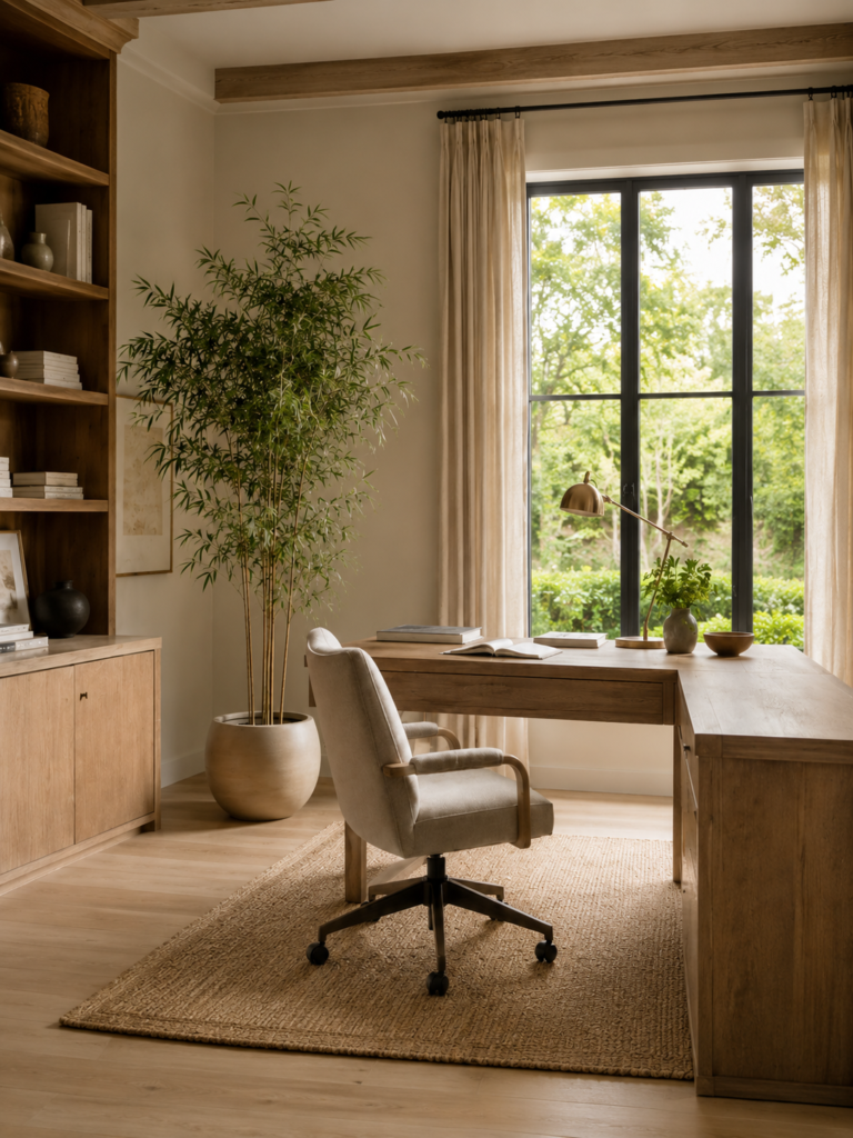 Bright home office with a faux bamboo palm, wood desk, office chair, and large black-framed window.