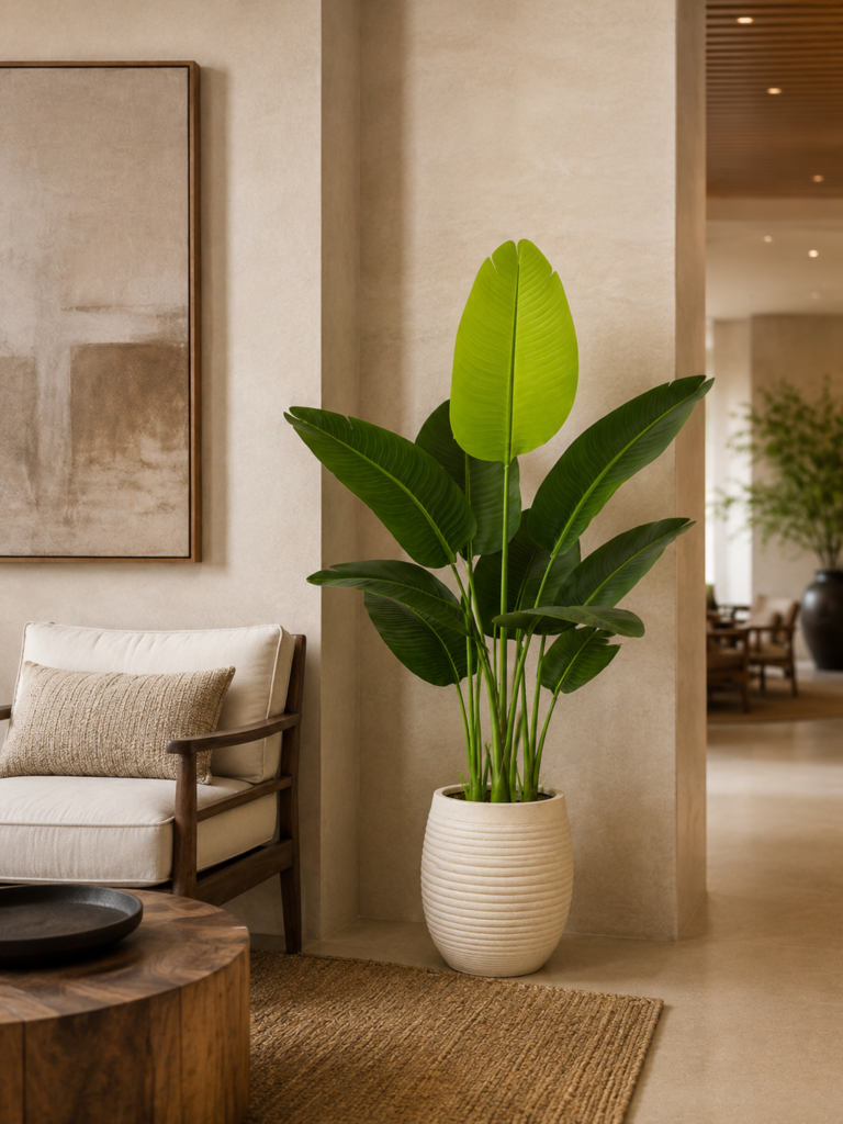 Bird of paradise plant in a boutique hotel lobby corner with a lounge chair and round coffee table.