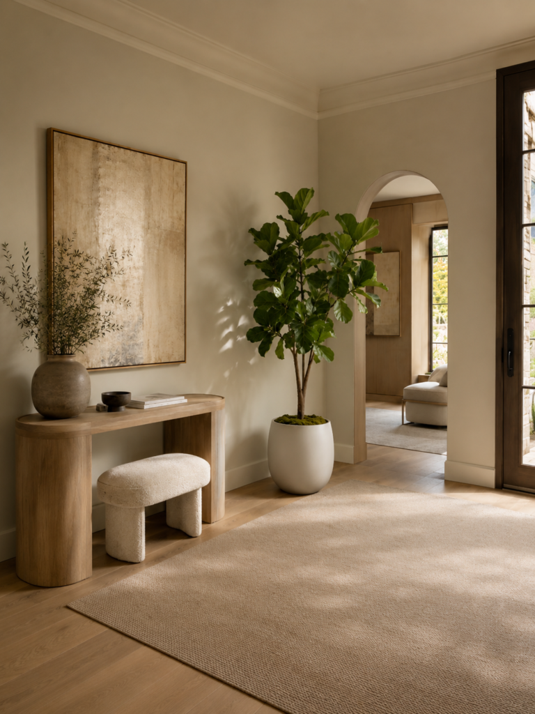 Wide view of a refined entryway with a faux fiddle leaf fig, wood console, bench, and arched doorway.