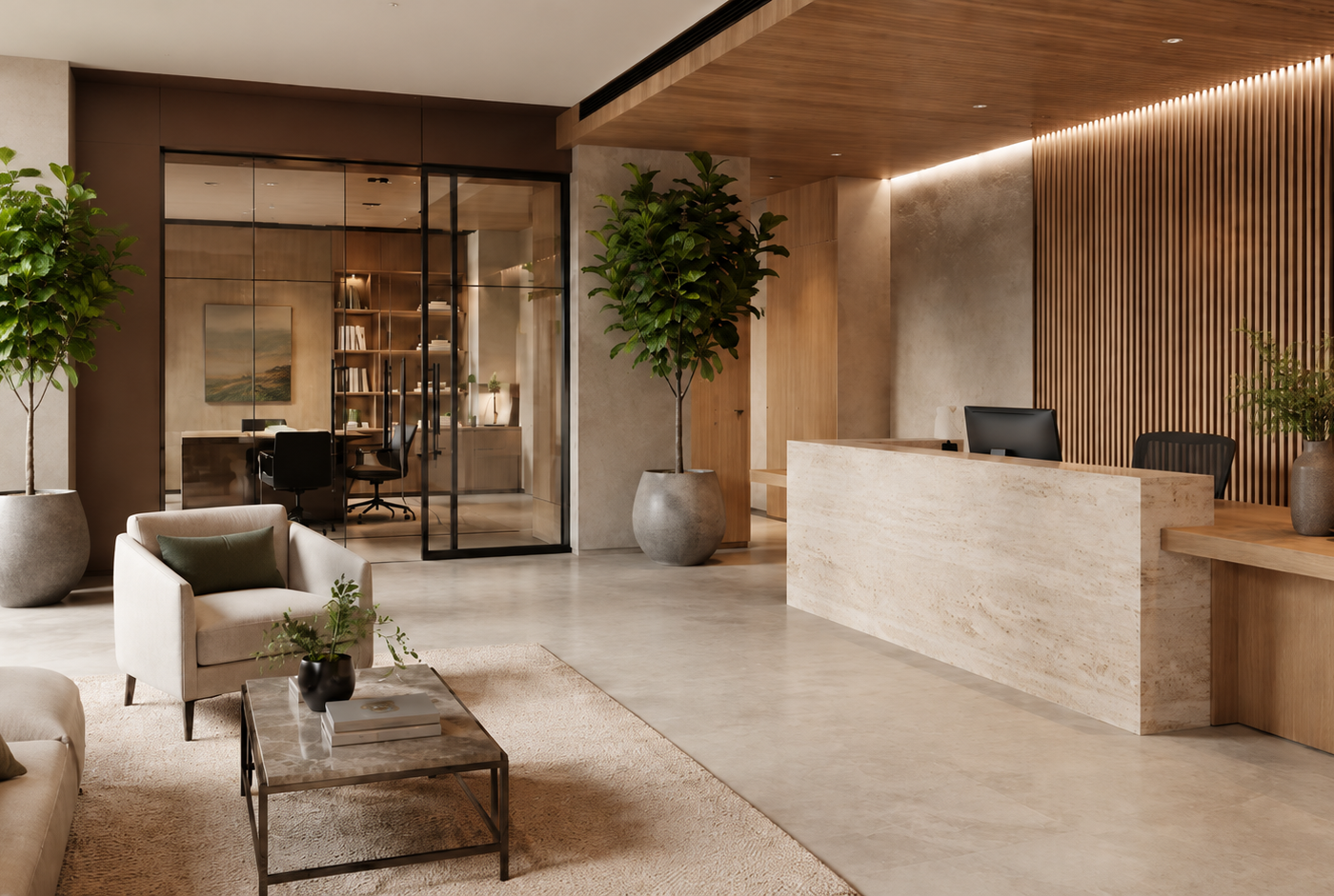 Modern office reception area with premium faux fiddle leaf fig trees, warm neutral interiors, glass partitions, and refined Austin commercial styling.