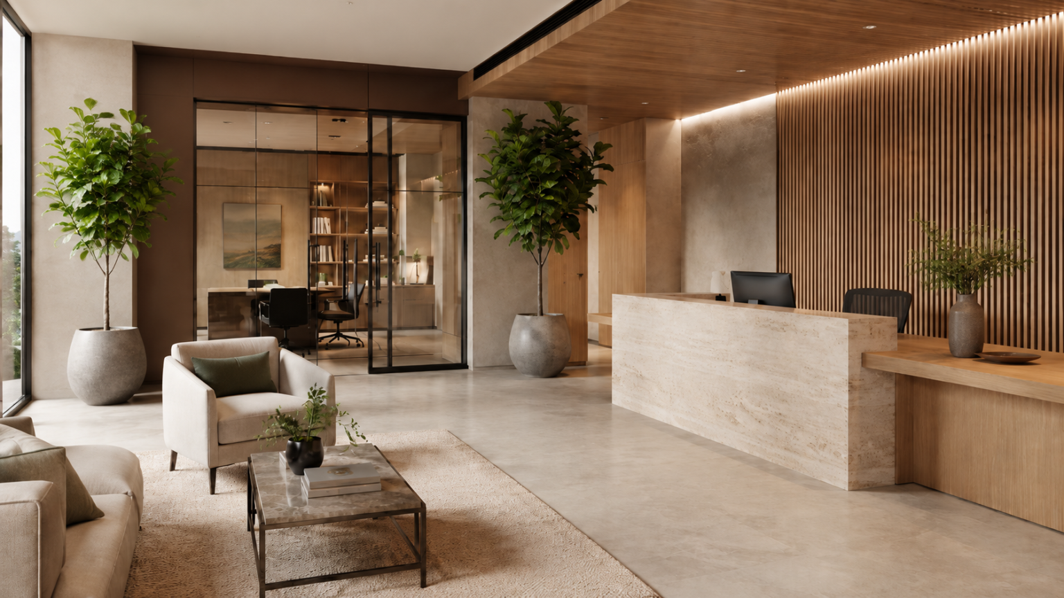 Modern office reception area with premium faux fiddle leaf fig trees, warm neutral interiors, glass partitions, and refined Austin commercial styling.