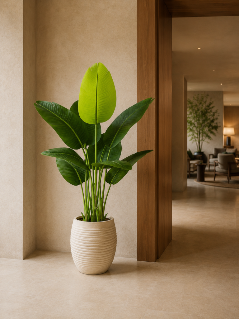 Tall bird of paradise plant in a neutral planter near a hallway opening in a modern hotel lobby.