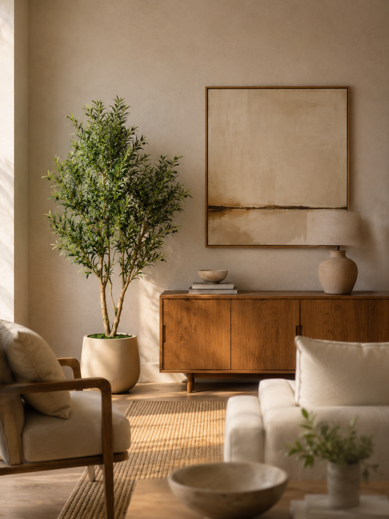 Faux olive tree styled near a wood sideboard in a minimalist living room with soft warm light.