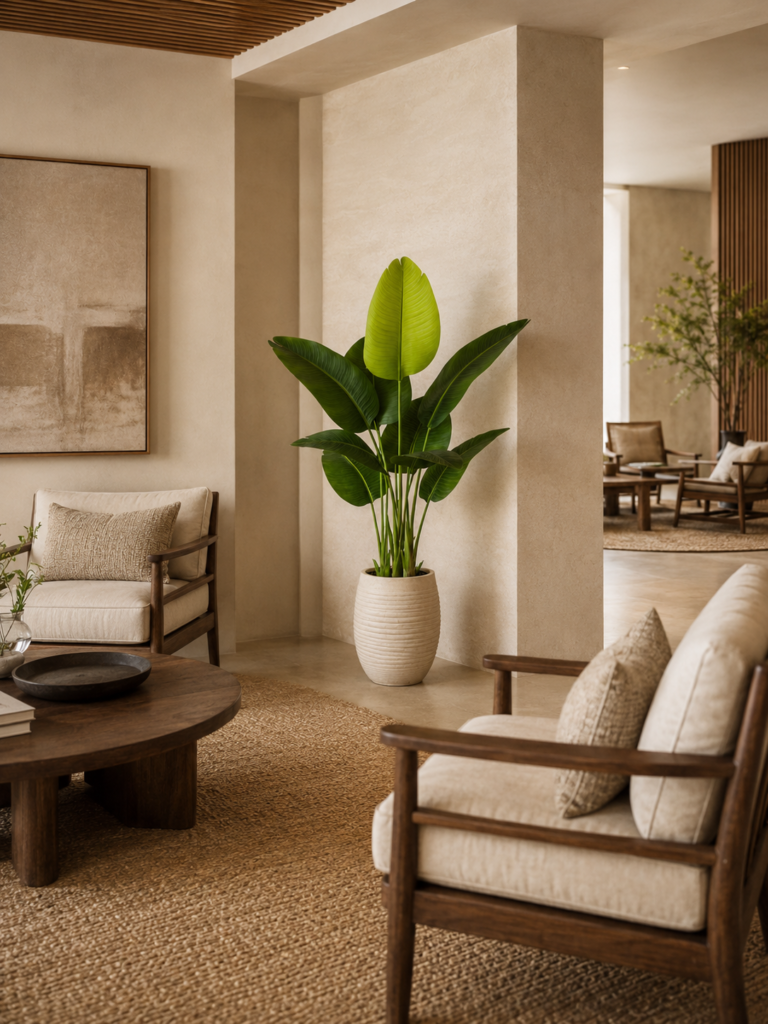 Boutique hotel lounge with a bird of paradise plant, warm wood furniture, and natural woven textures.