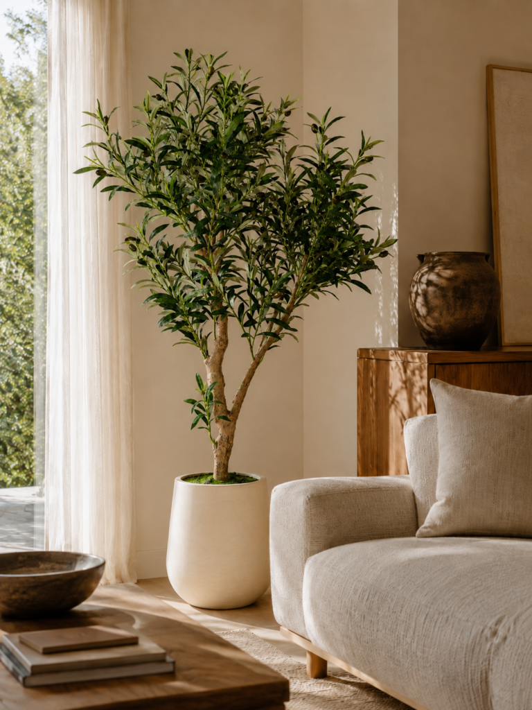 Close-up view of a faux olive tree in a light planter beside a cream sofa in a neutral living room.