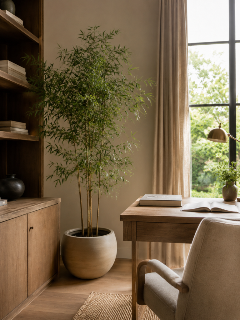 Faux bamboo palm beside a wood desk in a calm home office with shelving, a reading lamp, and soft natural light.