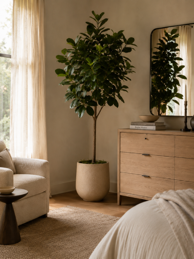Rubber Tree in a Calm Contemporary Bedroom