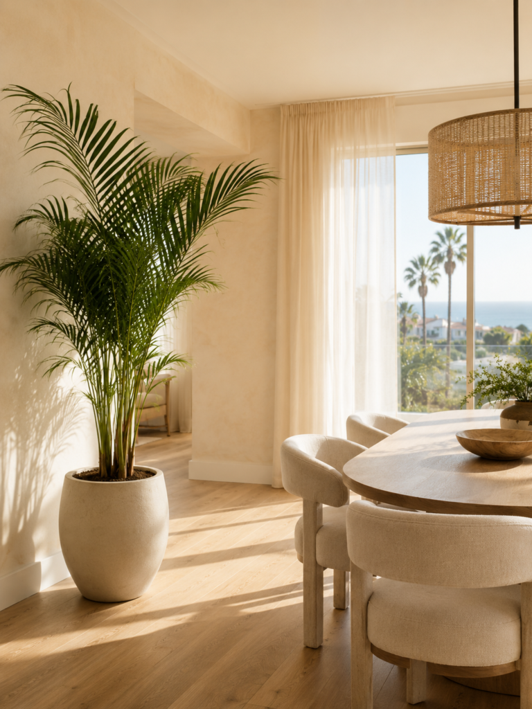 Tall faux areca palm beside a dining table and sunlit window in a warm neutral modern dining room.