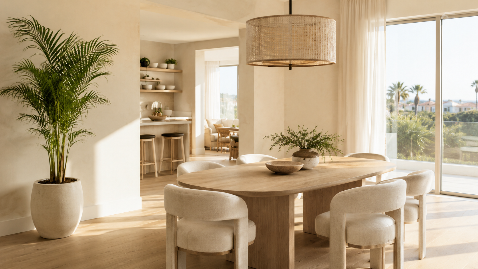 Lifelike faux areca palm in a bright modern dining room with a light wood table, cream chairs, and coastal sunlight.