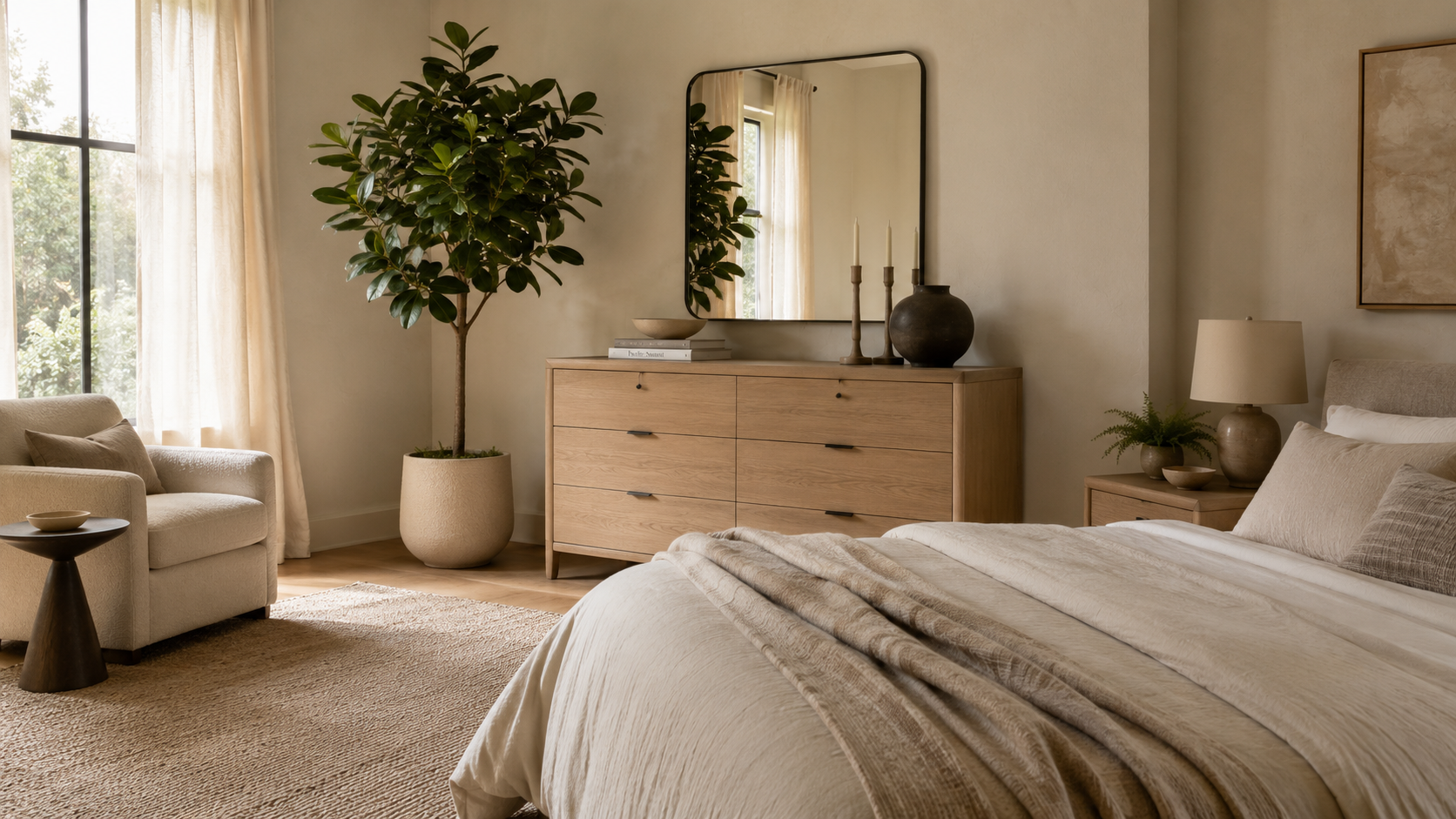Wide view of a faux rubber tree in a calm contemporary bedroom with layered bedding, a cream chair, and a light wood dresser.