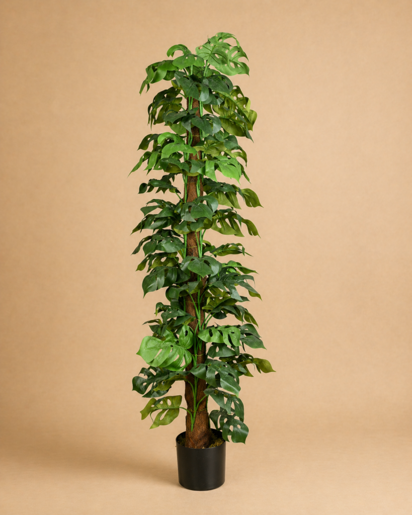 Premium faux split-leaf philodendron tree in a black nursery pot on warm neutral background