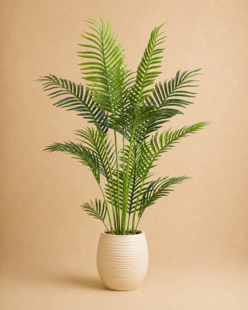 Premium faux areca palm tree in a white planter on warm neutral background