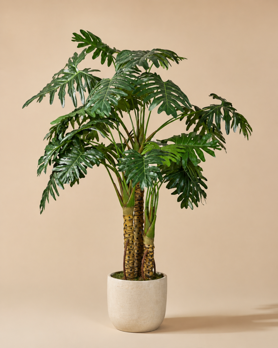 Premium faux philodendron selloum tree in a white planter on warm neutral background