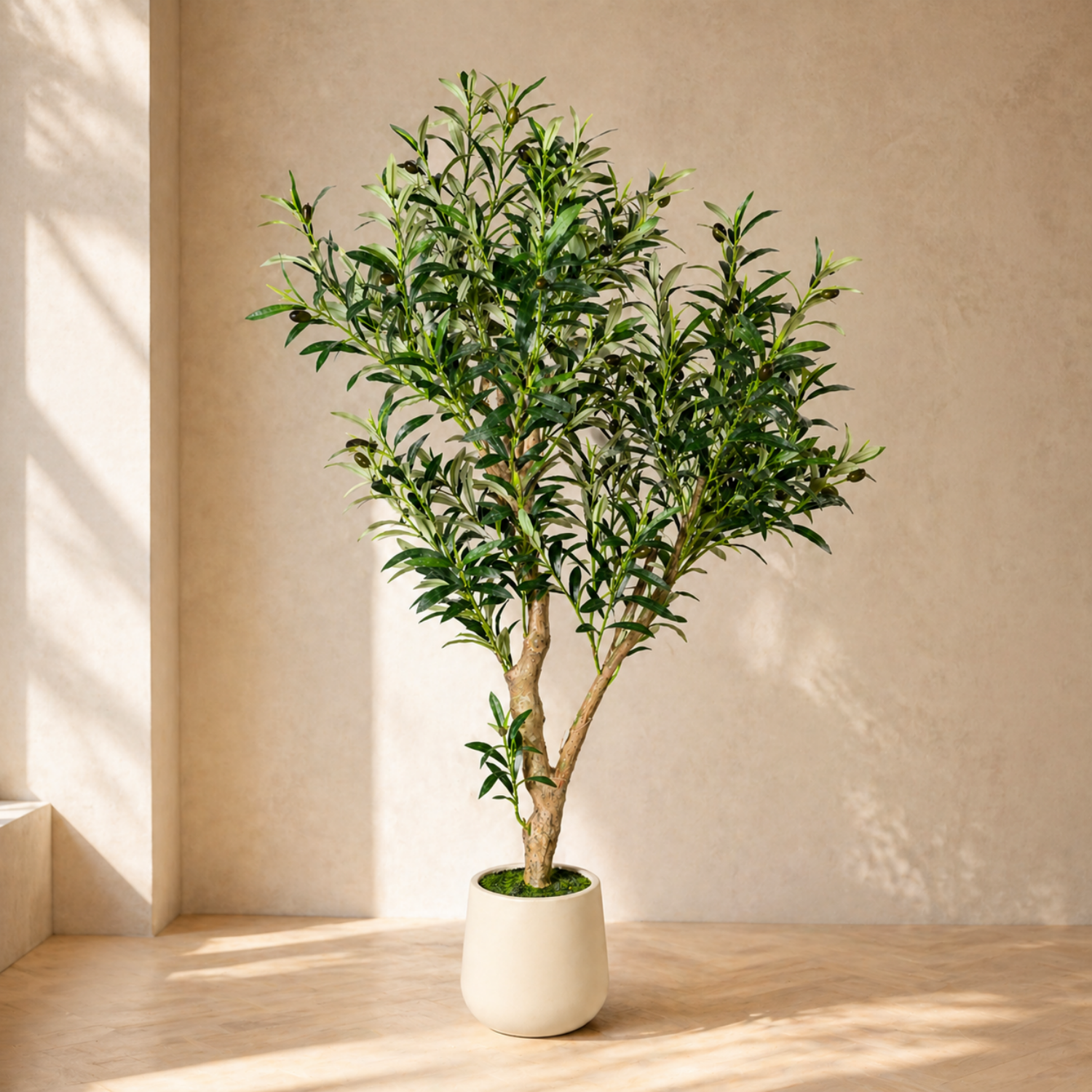 Premium faux olive tree in a white planter against a warm neutral background