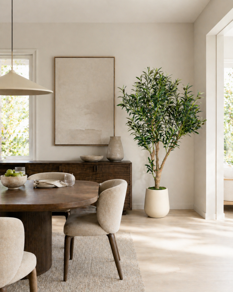 Faux olive tree placed beside a dining area in a bright modern interior