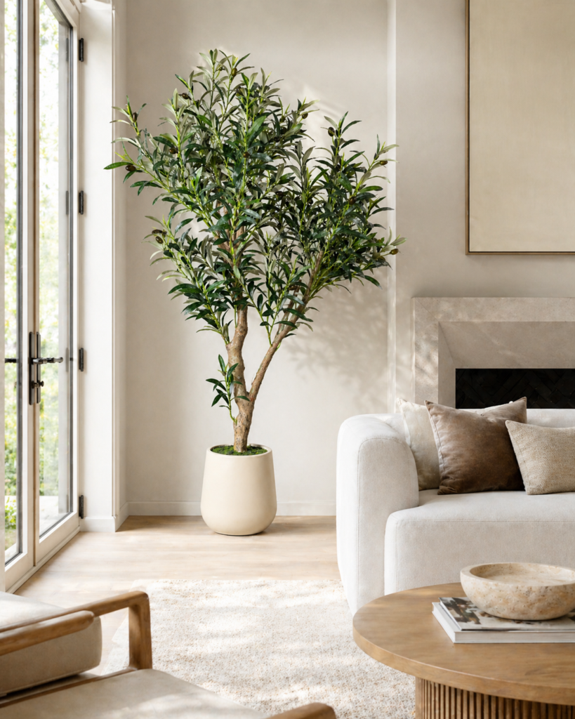 Premium faux olive tree styled near a window in a neutral living room