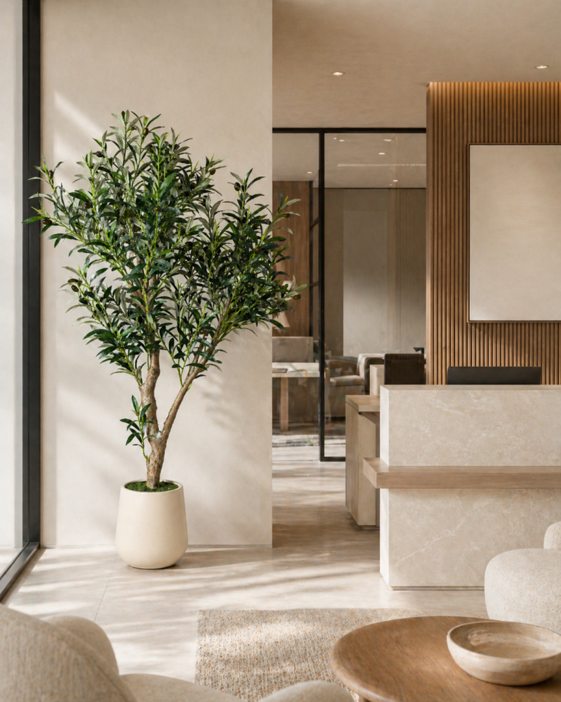 Tall faux olive tree styled in a modern commercial lounge or hospitality interior