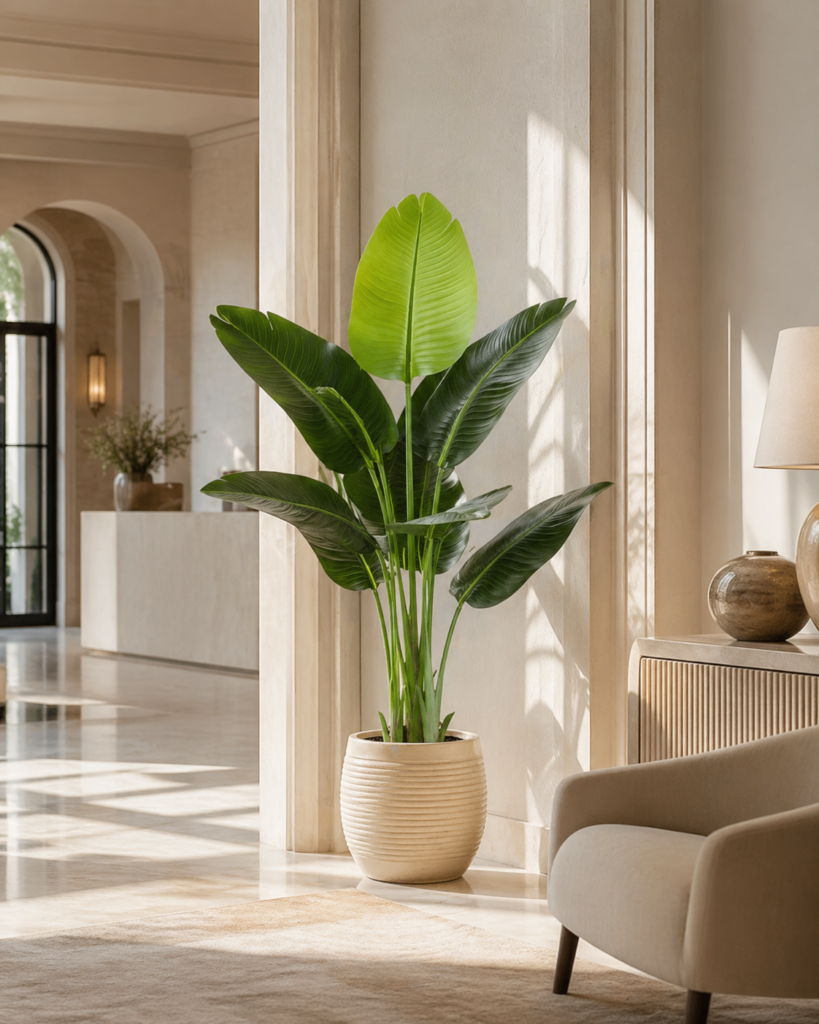 Faux bird of paradise tree styled in a bright modern living room with woven planter