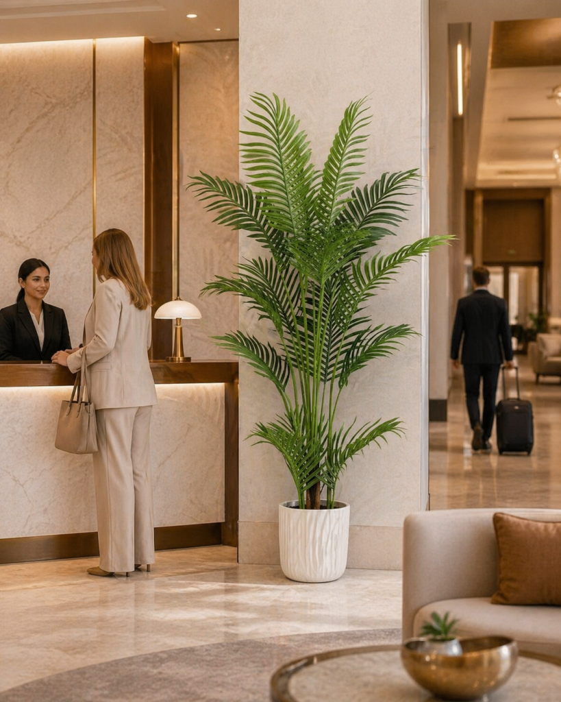 Tall faux areca palm tree styled in a modern hotel lobby or reception area