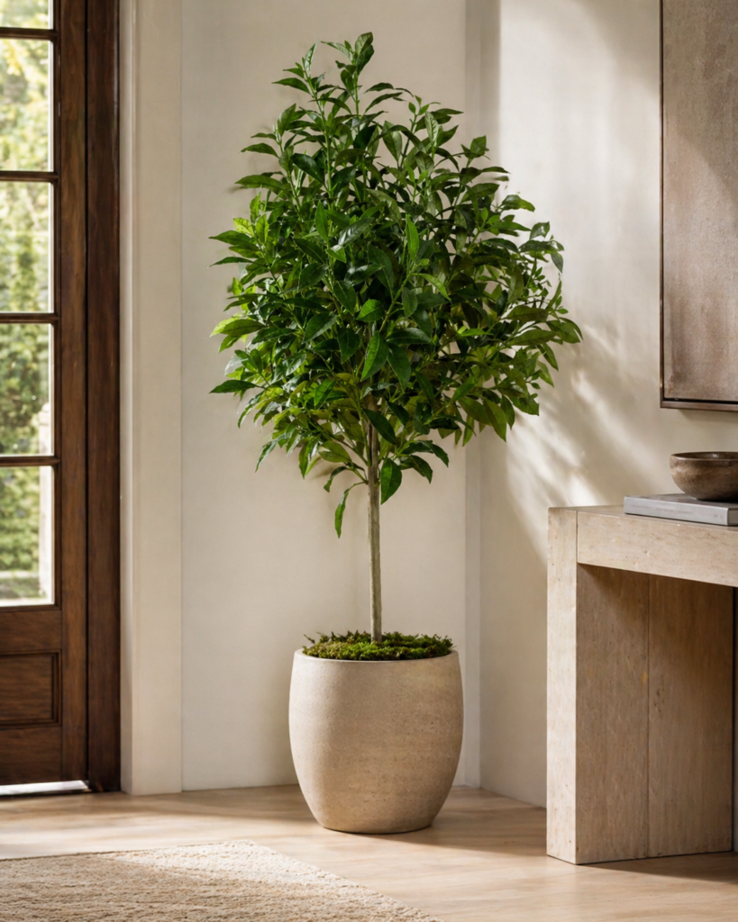 Faux laurel tree styled beside a console table in a modern interior