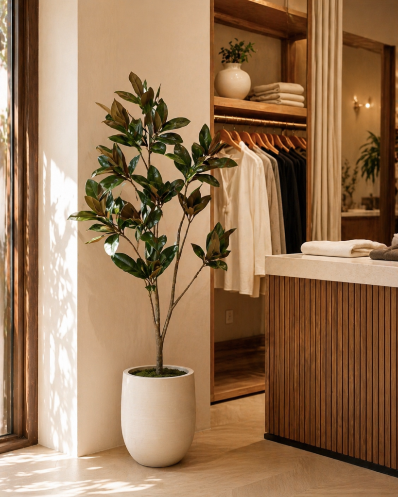 Faux magnolia tree styled beside a cabinet in a modern bedroom or dressing space