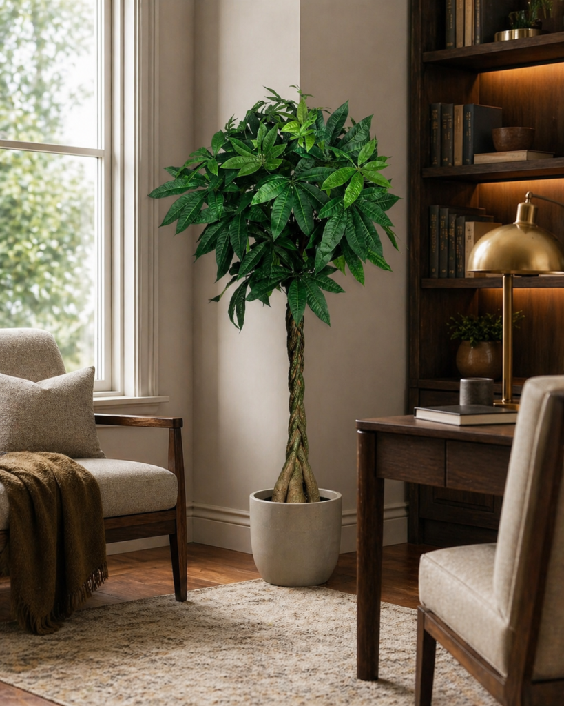 Faux money tree styled beside a dining area in a modern interior