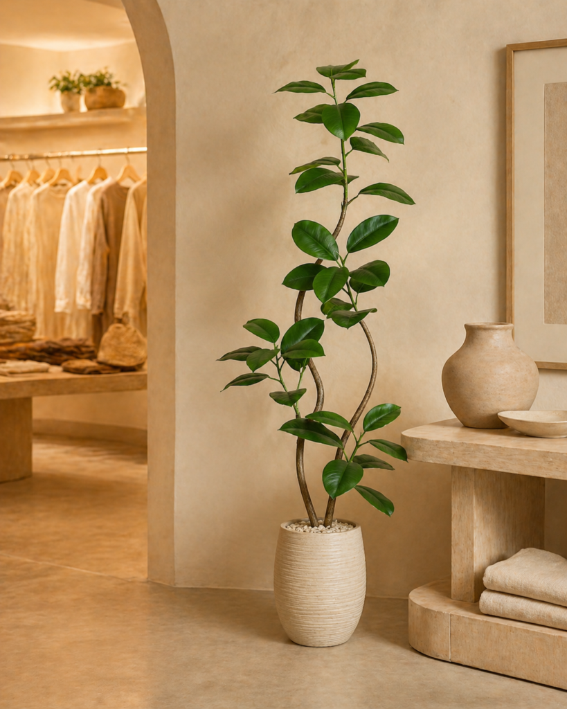 Faux ficus tree styled in a modern bedroom or dressing room interior