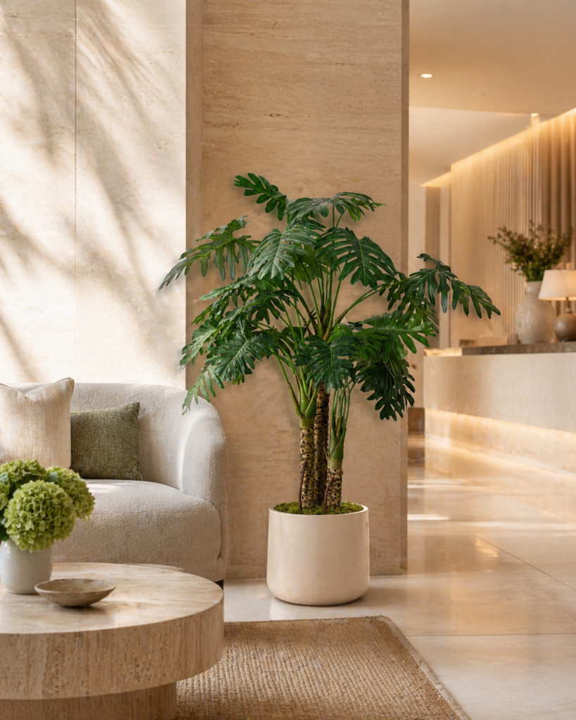 Faux philodendron selloum tree styled beside a sofa in a modern living room