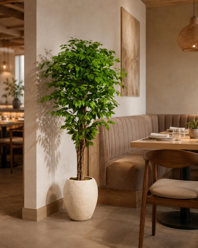 Faux ficus tree styled beside a dining area in a warm modern interior