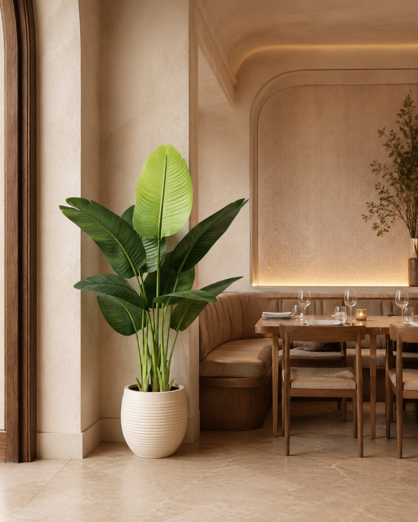Faux bird of paradise tree placed beside a dining area in a warm modern interior
