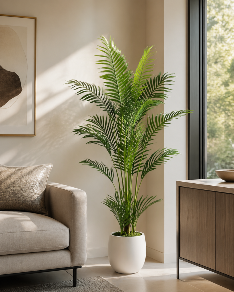 Faux areca palm tree placed beside a sofa in a bright modern living room
