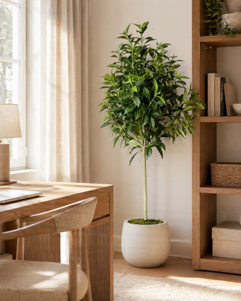 Faux laurel tree placed near a dining area and bookshelf in a bright room