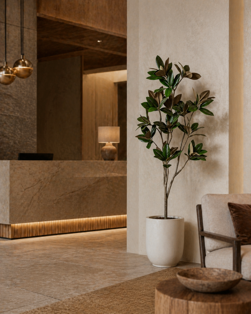 Faux magnolia tree styled in a modern commercial interior with white planter