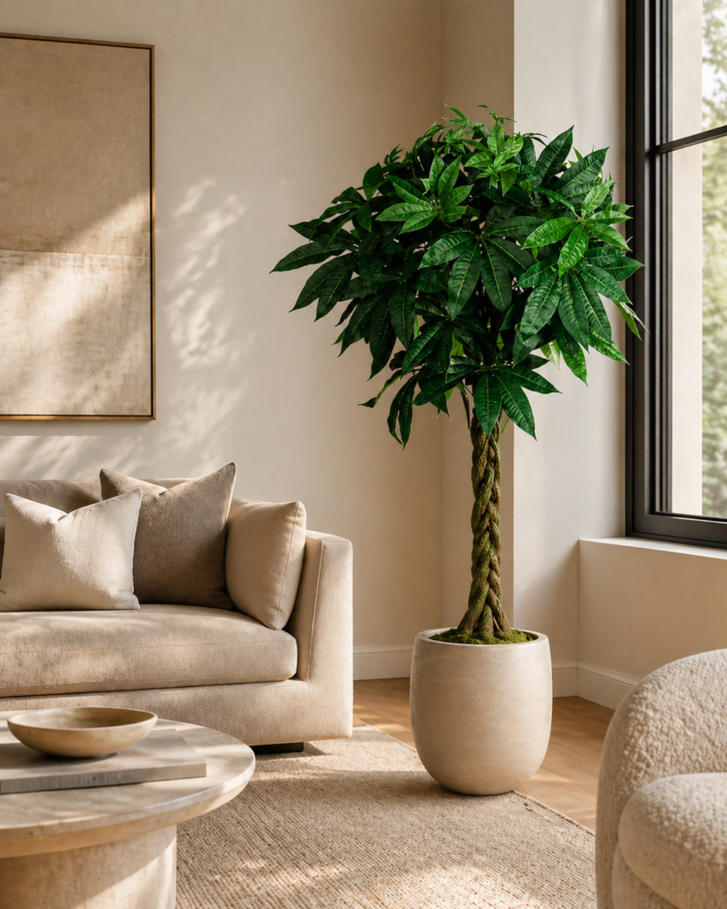 Faux money tree placed beside a sofa in a warm modern living room