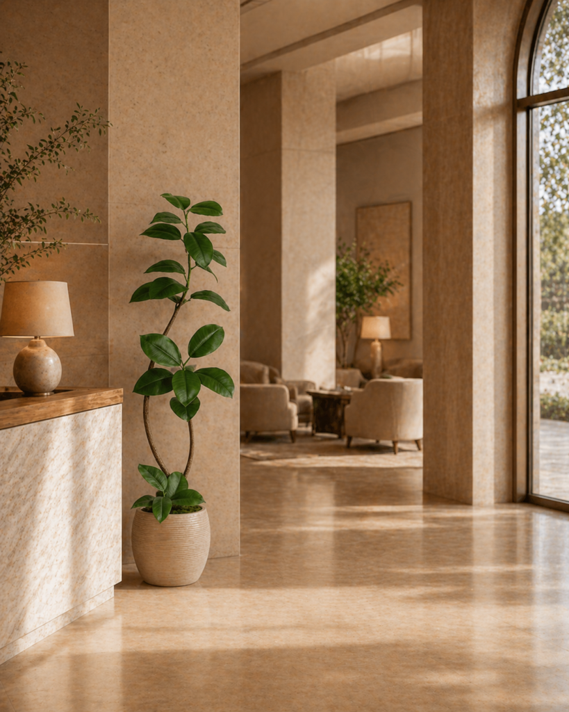 Faux ficus tree styled in a modern commercial lounge or hospitality interior