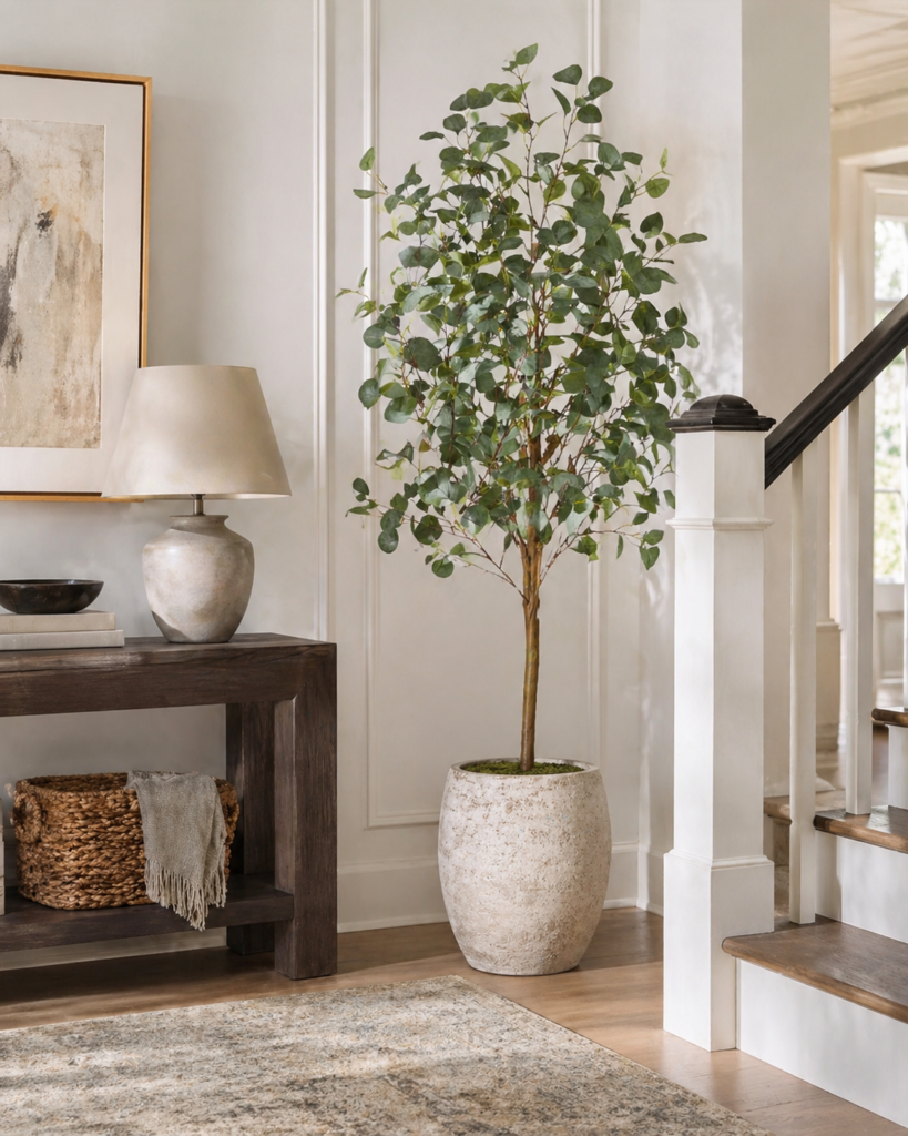 Faux eucalyptus tree styled near a staircase in a modern entryway