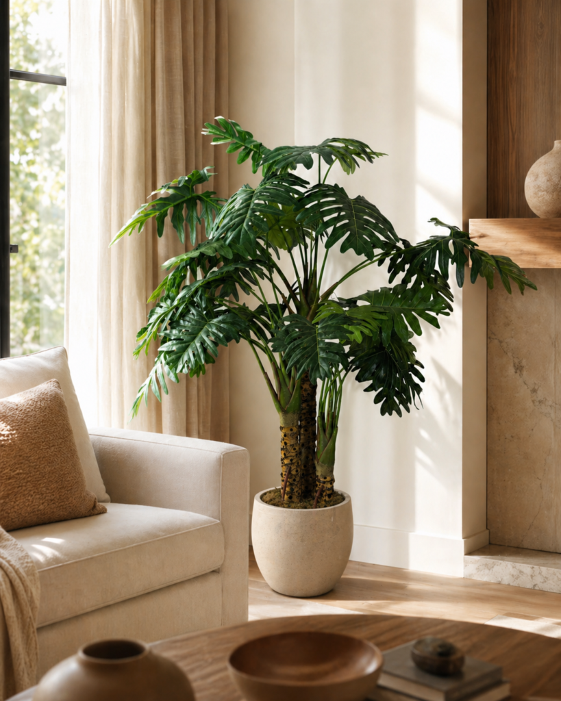 Faux philodendron selloum tree displayed near a bright window in a neutral room