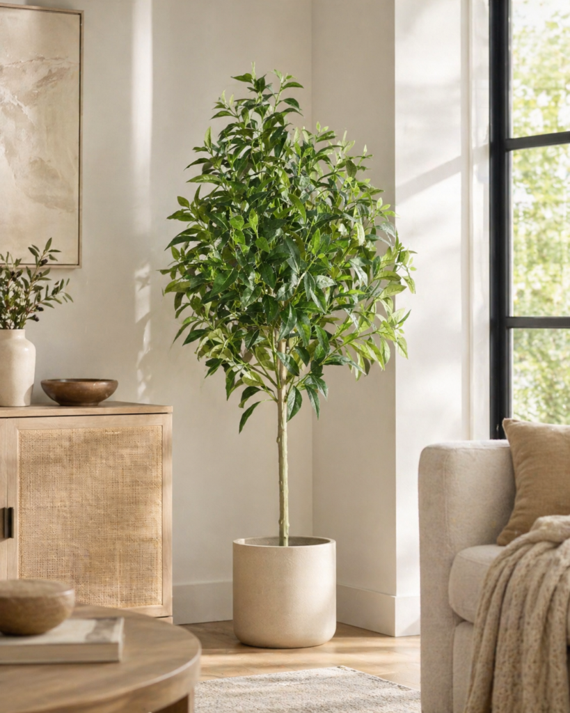 Faux laurel tree styled beside a sofa near a bright window