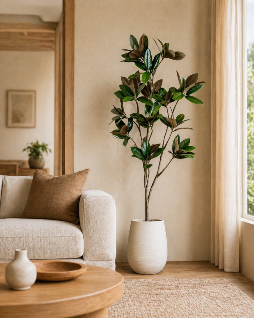 Faux magnolia tree placed beside a sofa in a warm modern living room