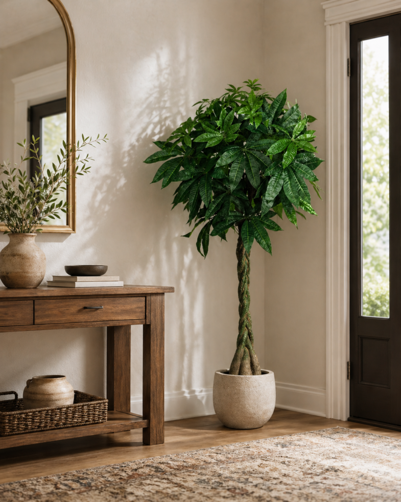 Faux money tree styled near an entryway console in a neutral home interior