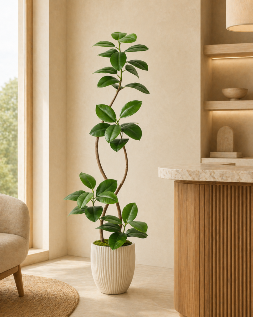 Faux ficus tree placed beside a cabinet in a bright modern interior
