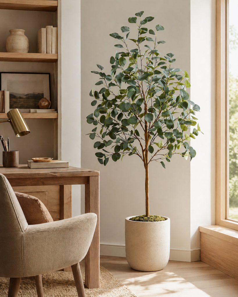 Faux eucalyptus tree placed beside an armchair in a bright modern room