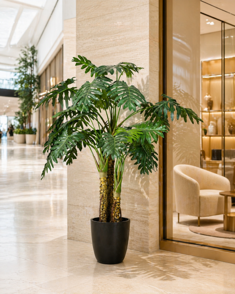 Faux philodendron selloum tree styled in a modern commercial interior