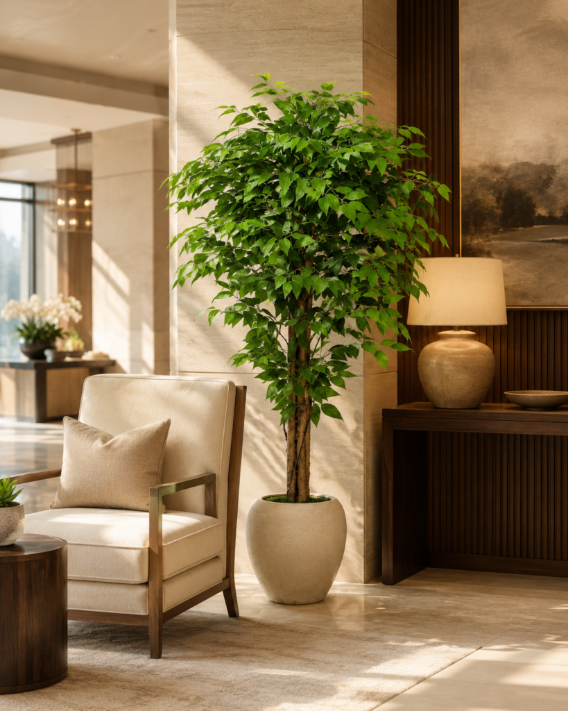 Faux ficus tree placed beside an armchair in a bright modern living room