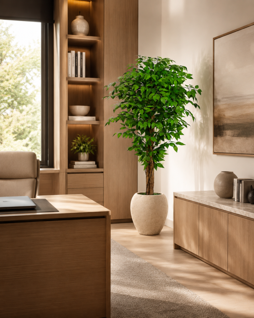 Faux ficus tree styled near a console cabinet in a modern home interior