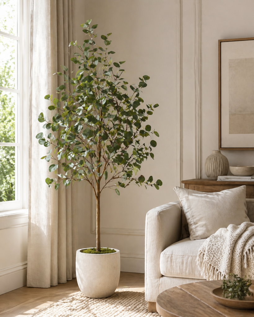 Faux eucalyptus tree styled beside a sofa near a bright window